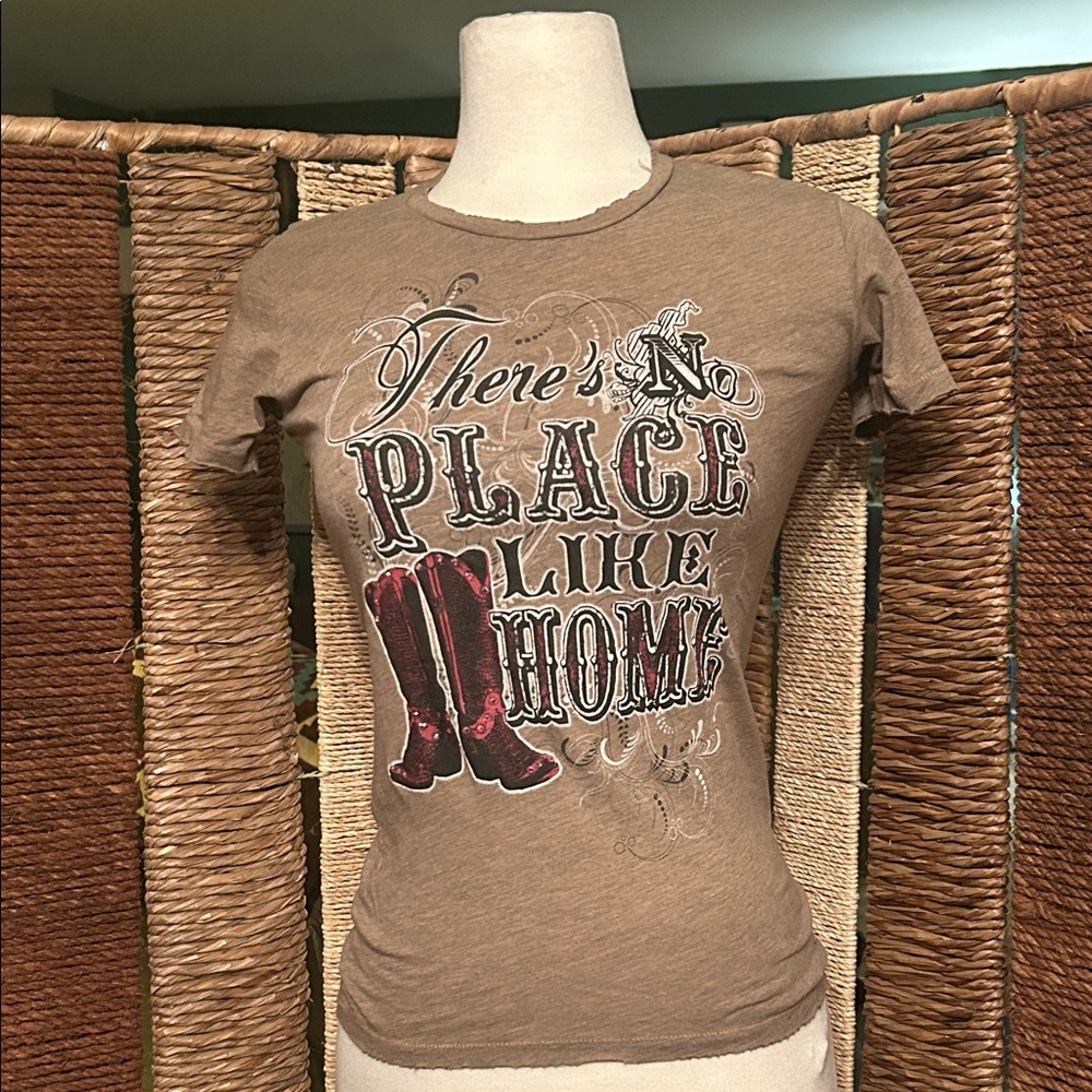 Brown Graphic T-Shirt with Red Studded Boots Design